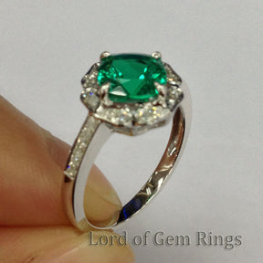 Cushion Emerald Engagement Ring Pave Diamond Wedding 14K White Gold 7mm  Vintage Floral Design HALO - Lord of Gem Rings - 3
