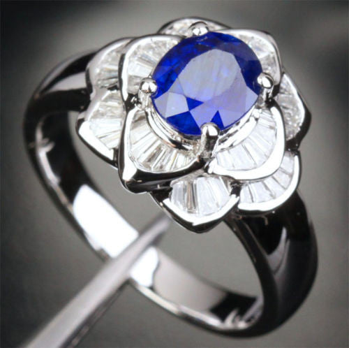 Sapphire Engagement Ring Baguette Diamond Wedding 14k White Gold 1.45ct  Flower - Lord of Gem Rings - 3