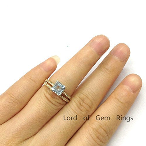 Asscher Cut Aquamarine Engagement Ring Sets Pave Diamond Wedding 14K Yellow Gold,6.5mm - Lord of Gem Rings - 3