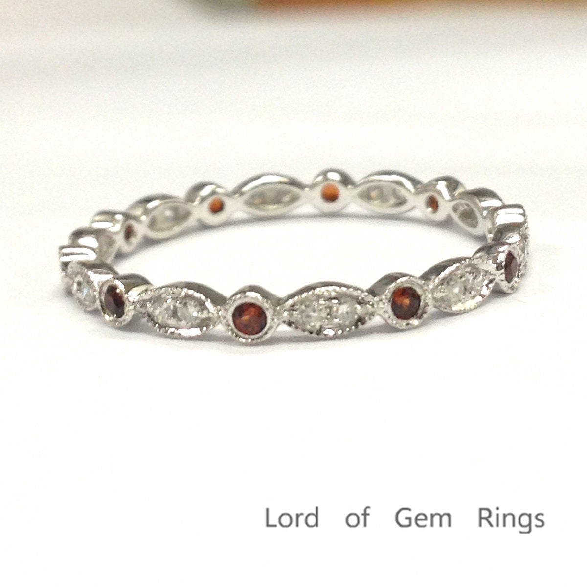 Pave Garnet Diamond Wedding Band Full Eternity Anniversary Ring 14K White Gold Art Deco - Lord of Gem Rings - 3