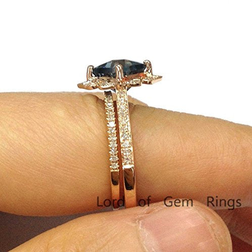 Cushion London Blue Topaz Engagement Ring Sets Pave Diamond Wedding 14K Rose Gold,8mm,Floral Unique - Lord of Gem Rings - 3