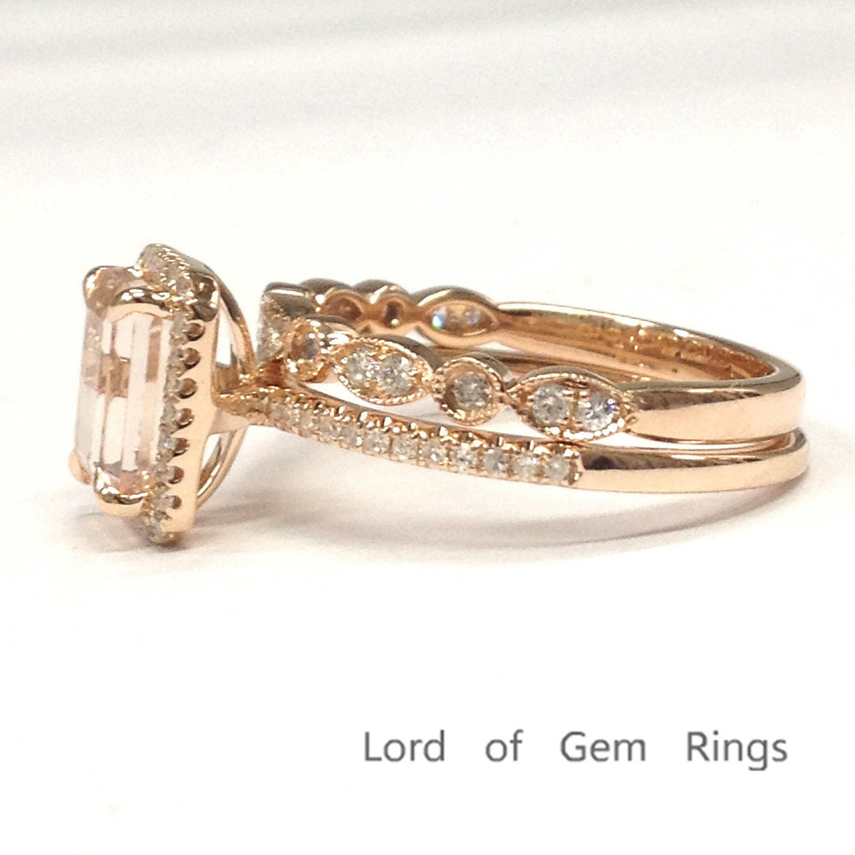 Emerald Cut Morganite Engagement Ring Sets Pave  Diamond Wedding 14K Rose Gold 6x8mm  Art Deco - Lord of Gem Rings - 3