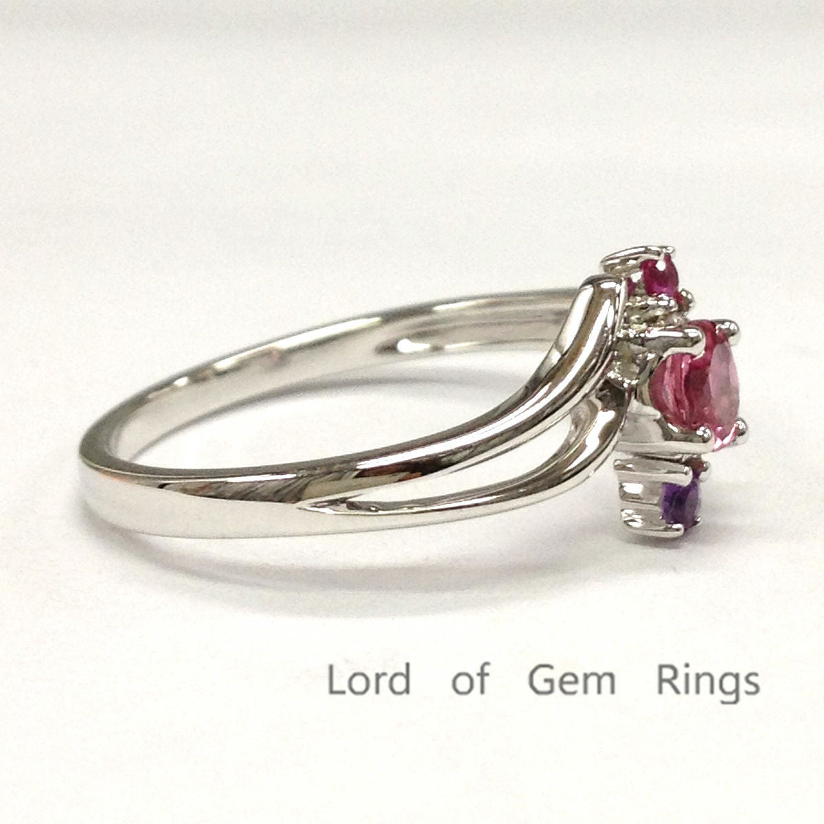 Round Red Tourmaline Engagement Ring Ruby&Amethyst Wedding 14K White Gold, 4mm, 2mm - Lord of Gem Rings - 3
