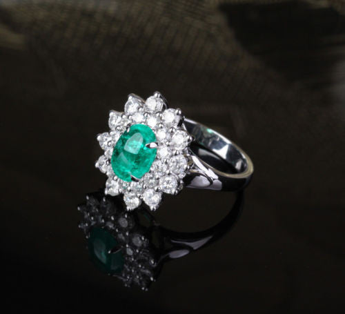 Oval Emerald Engagement Ring Diamond Wedding 14k White Gold Flower - Lord of Gem Rings - 3