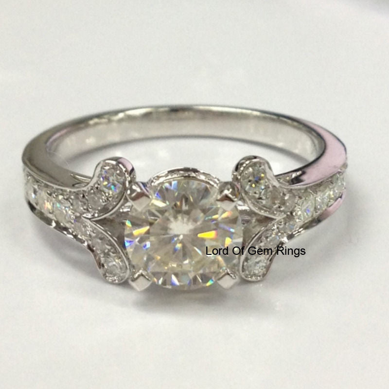 Round Moissanite Engagement Ring Pave Moissanite Diamond Wedding 14K White Gold 6.5mm - Lord of Gem Rings - 3