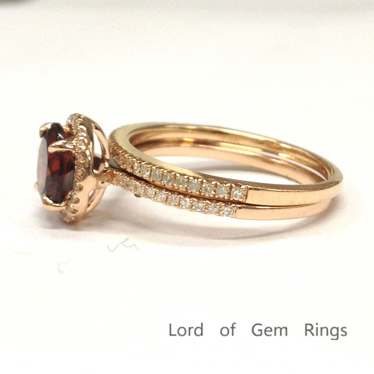 Round Garnet Engagement Ring Sets Pave Diamond Wedding 14K Rose Gold 7mm - Lord of Gem Rings - 3