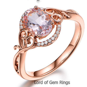 Oval Morganite Engagement Ring Diamonds 14K Rose Gold 6x8mm Floral - Lord of Gem Rings - 3