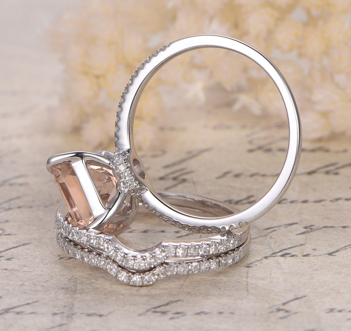 Princess Morganite Engagement Ring 3 Bridal Set Pave Diamond Wedding 14K White Gold 8mm - Lord of Gem Rings - 4