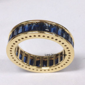 Baguette Blue Sapphire Wedding Band Eternity Anniversary Ring 18K Yellow Gold 4.10ct - Lord of Gem Rings - 3
