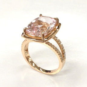 Cushion Morganite Engagement Ring Pave Diamond Wedding 14K Rose Gold 10x14mm Split Shank - Lord of Gem Rings - 3