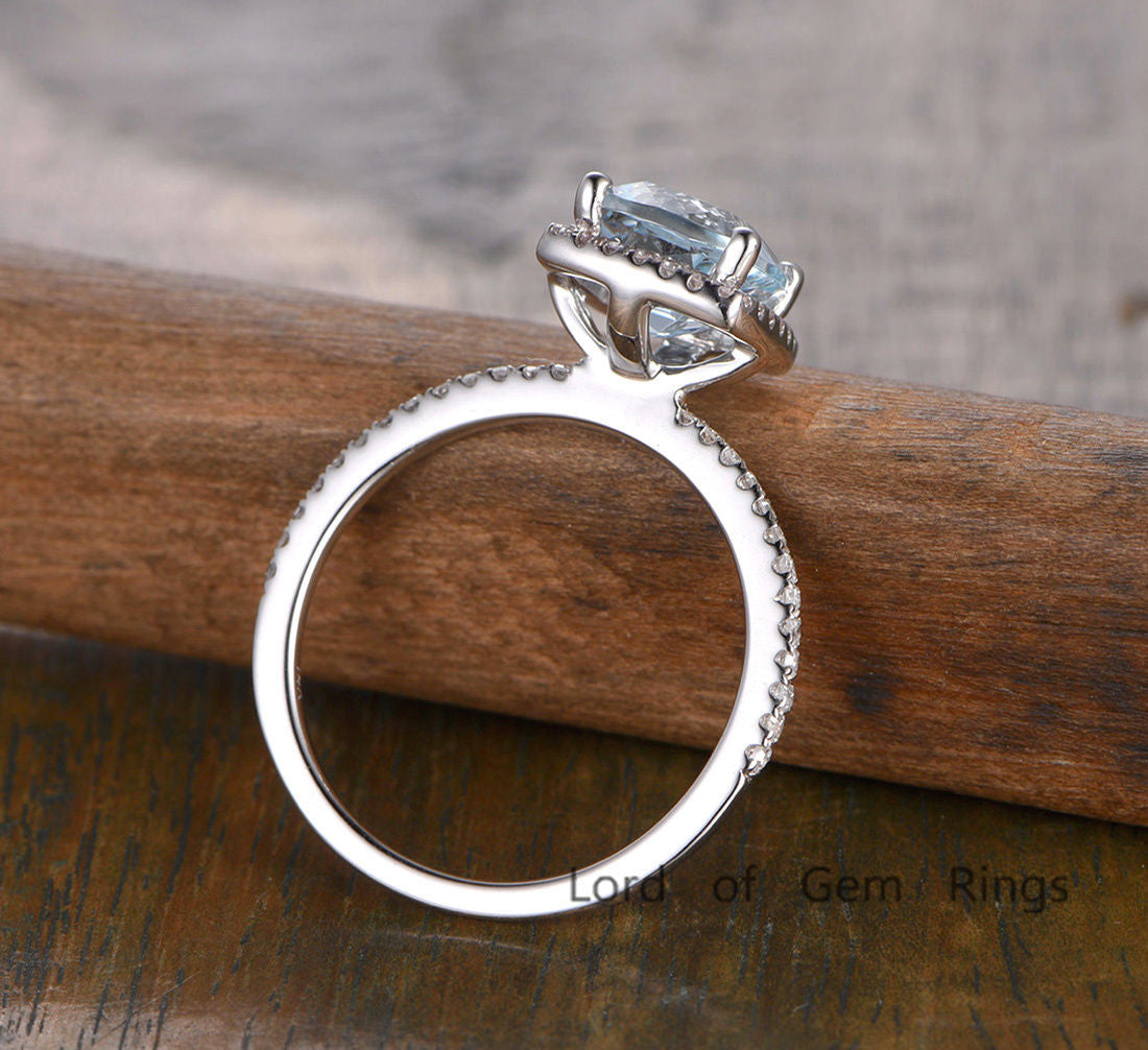 Cushion Aquamarine Engagement Ring Pave Diamond Wedding 14K White Gold 7mm - Lord of Gem Rings - 3