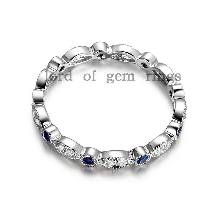 Pave Sapphire Diamond Wedding Band Eternity Anniversary Ring 14K White Gold Art Deco Milgrain - Lord of Gem Rings - 3