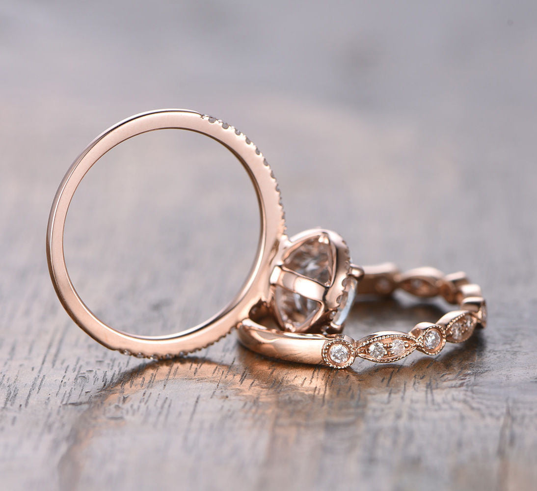 Oval Aquamarine Engagement Ring Sets Pave Diamond Wedding 14K Rose Gold 6x8mm Art Deco - Lord of Gem Rings - 3
