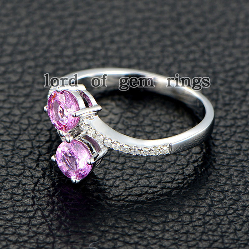 Double Round Pink Sapphire Engagement Ring Pave Diamond Wedding 14K White Gold Curved - Lord of Gem Rings - 3