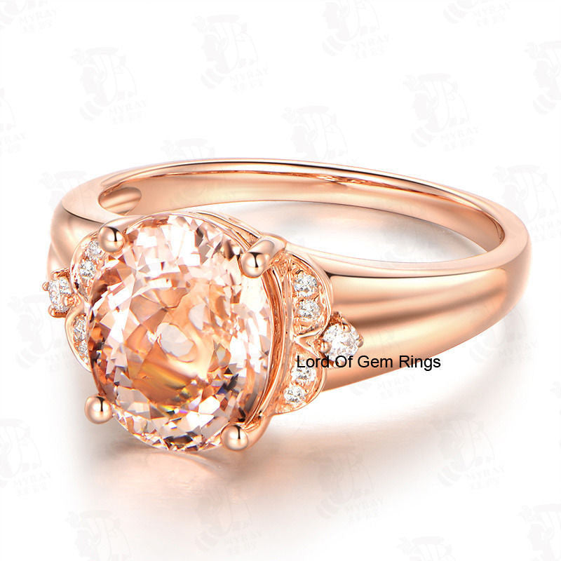 Oval Morganite Engagement Ring Diamond 14K Rose Gold 8x10mm  Floral - Lord of Gem Rings - 3