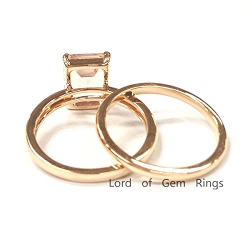 Emerald Cut Morganite Engagement Ring Sets Wedding 14K Rose Gold,7x9mm,Plain Gold Band - Lord of Gem Rings - 3