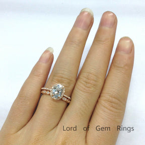 Oval Aquamarine Engagement Ring Sets Pave Diamond Wedding 14K Rose Gold 6x8mm Art Deco - Lord of Gem Rings - 6