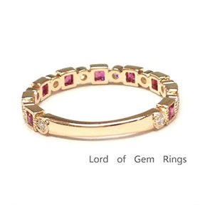 Princess Ruby Diamond Wedding Band 3/4 Eternity Anniversary Ring 14K Rose Gold - Lord of Gem Rings - 3