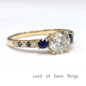 Round Moissanite Engagement Ring Pave Sapphire Moissanite Wedding 14K Yellow Gold 6.5mm - Lord of Gem Rings - 3