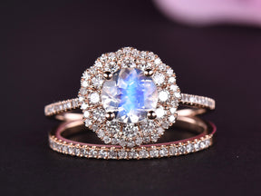Reserved for Rita, Round Moissanite Ring Bridal Set Diamond Double Halo 14k White Gold 6.5mm