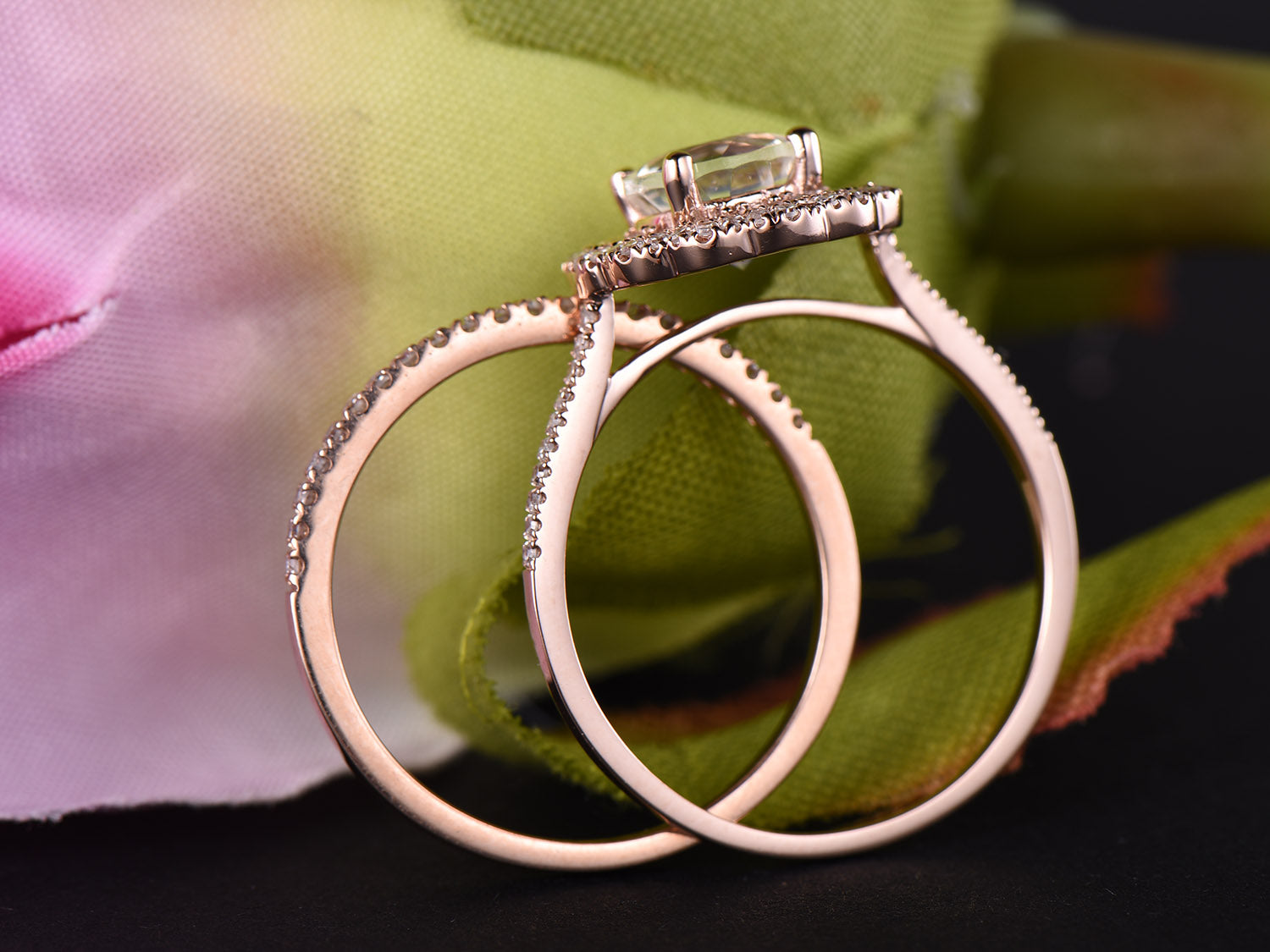 Round Moonstone Ring Diamond Double Halo Bridal Set