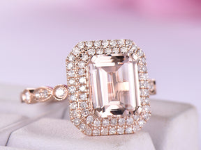 Art Deco Emerald Cut Morganite Ring Diamond Double halo