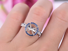 Sapphire/Diamond Engagement Round Semi Mout Ring Bridal Set 14K White Gold
