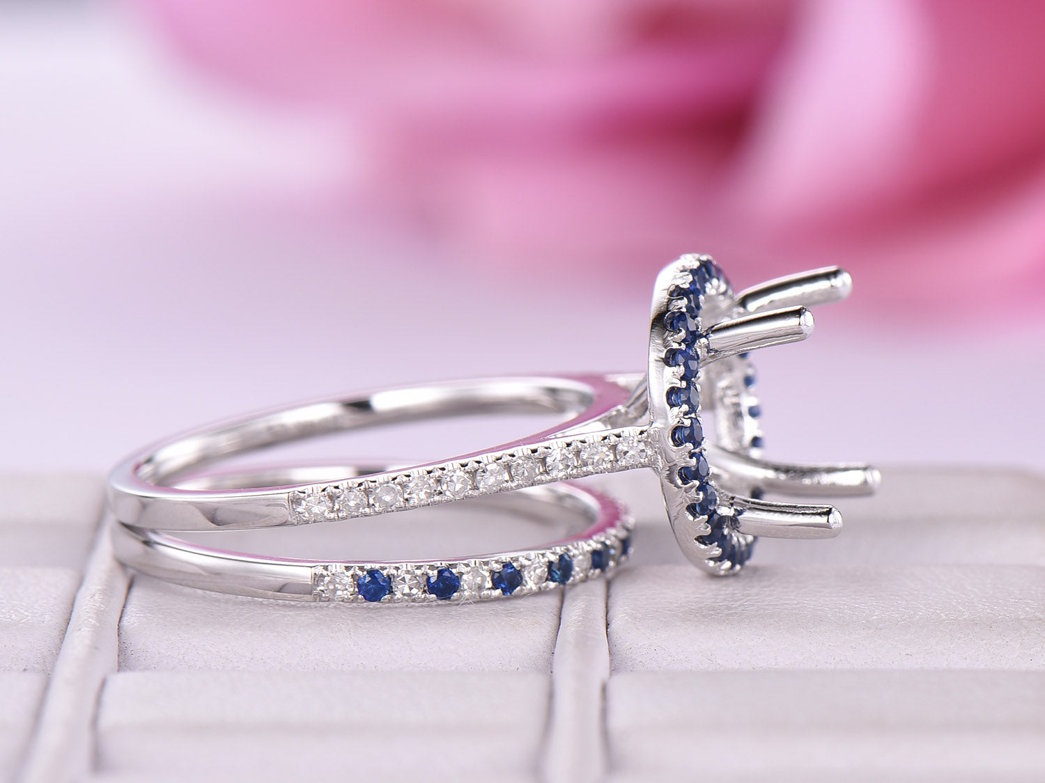 Sapphire/Diamond Engagement Round Semi Mout Ring Bridal Set 14K White Gold