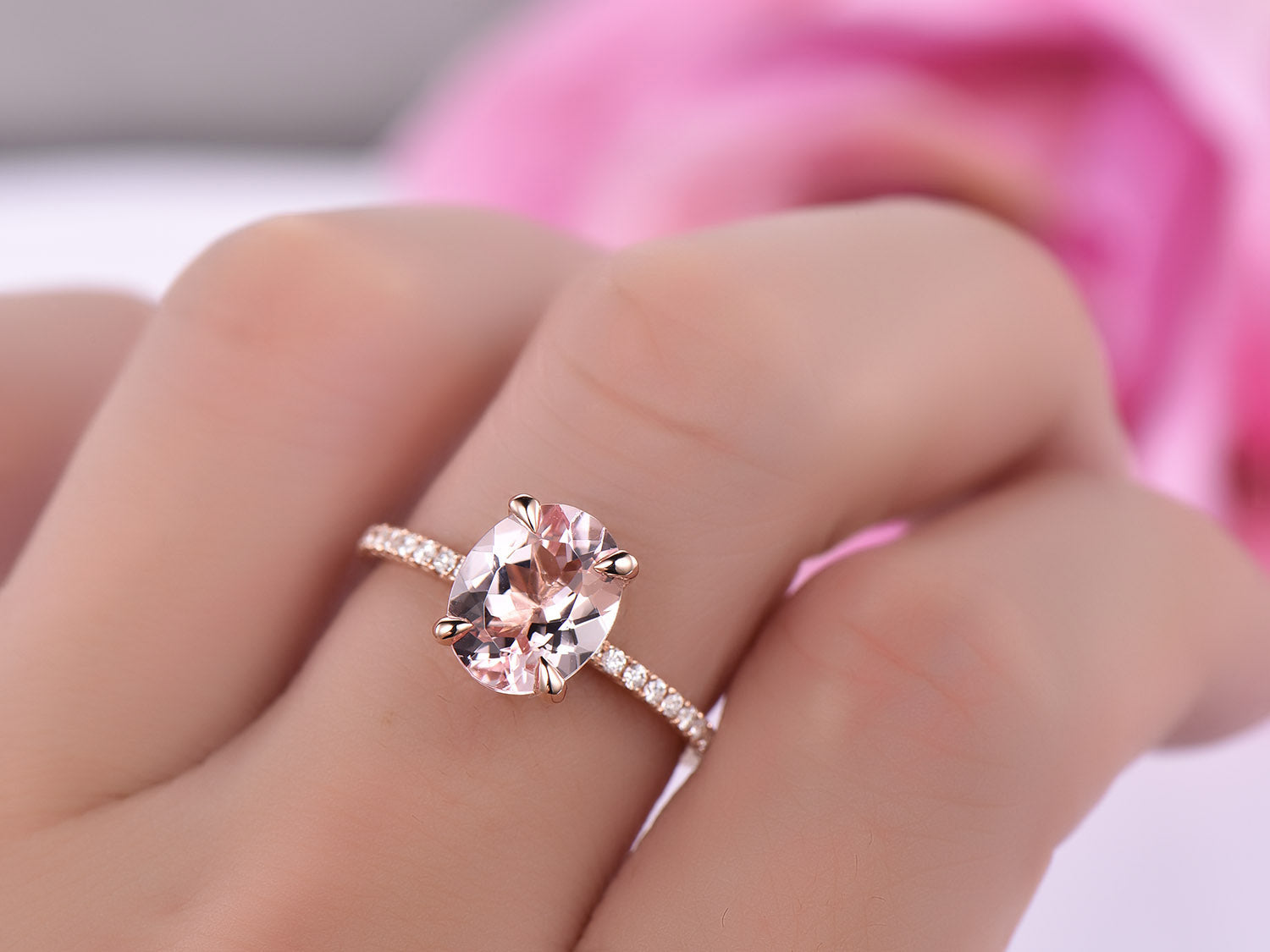 Reserved for GY- Oval Pinkish Peach Morganite Ring Pave Diamond Shank 14K Rose Gold 8x10mm