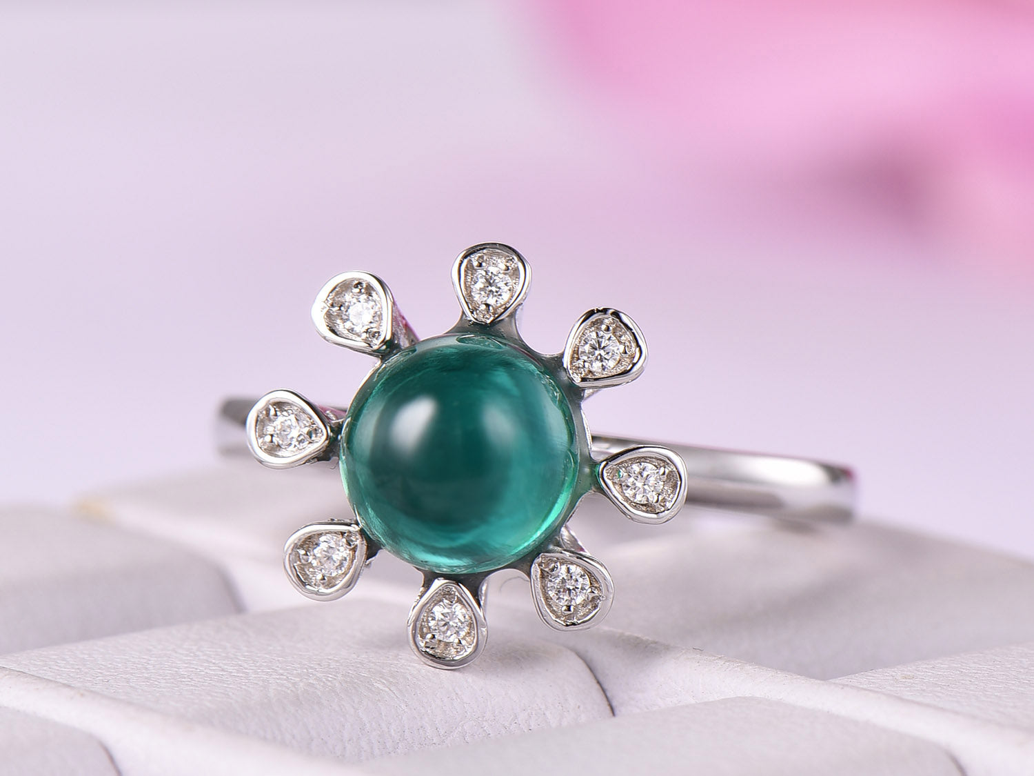 Vintage Bezel set Round Cabochon Emerald Ring Diamond Halo