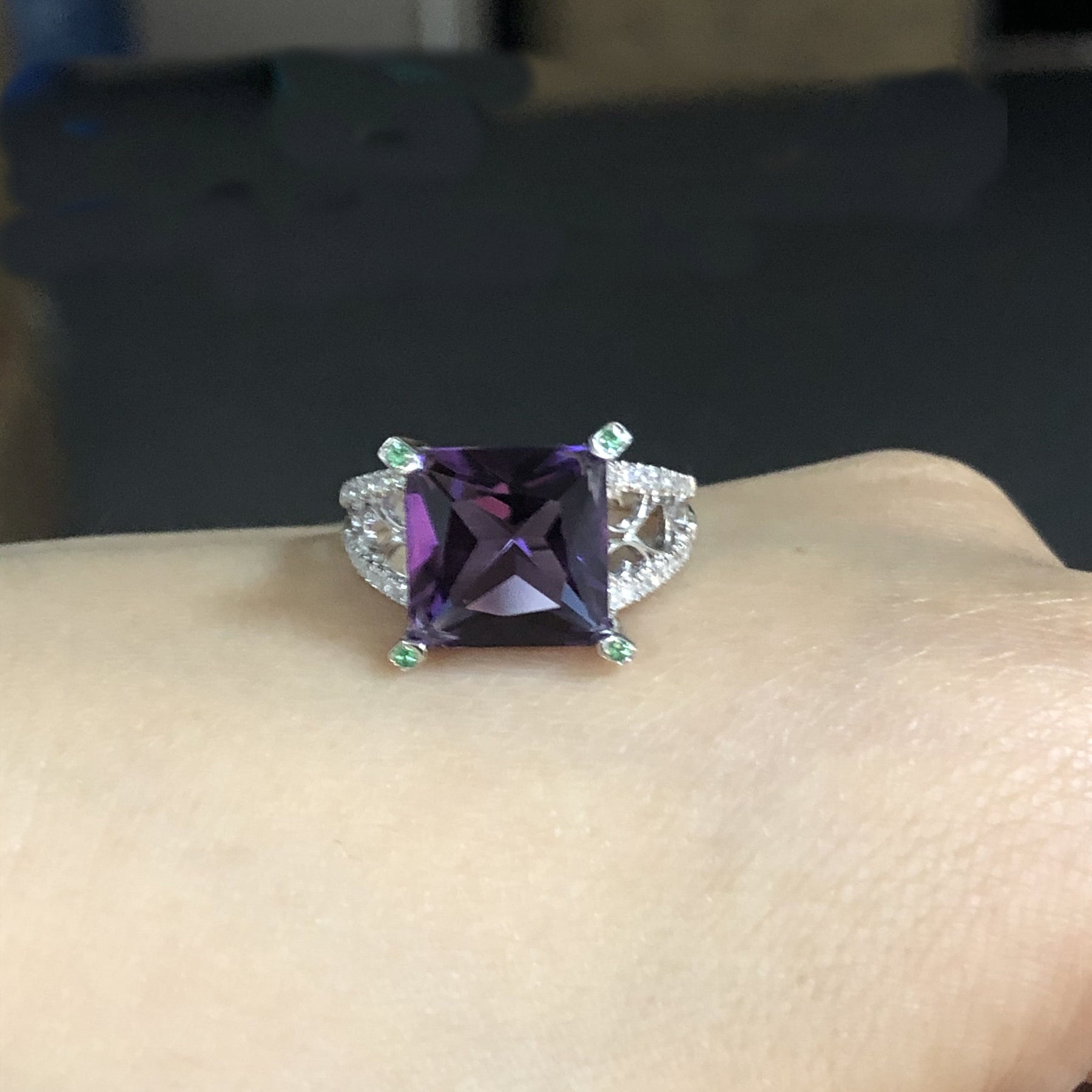 Reserved for Oleg - Princess Amethyst Engagement Ring Pave Diamond Wedding 14K White Gold 10.5mm