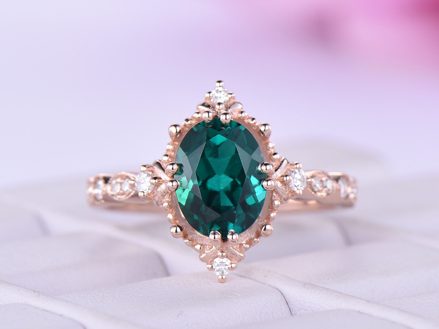 Vintage Style Oval Emerald Diamond Engagement Ring