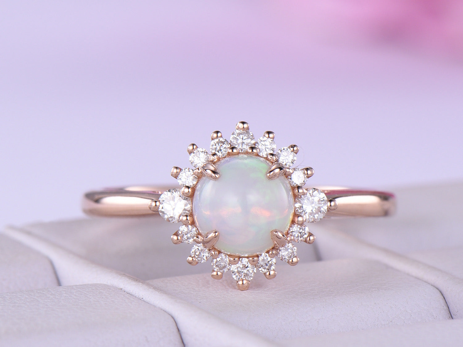 Round Opal Diamond Floral Engagement Ring 14K Rose Gold