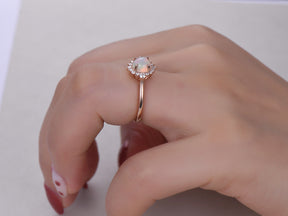 Round Opal Diamond Floral Engagement Ring 14K Rose Gold