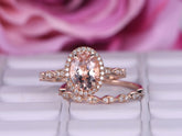 Art Deco Oval Morganite Diamond Bridal Set 14K Rose Gold