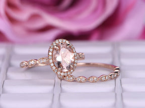 Art Deco Oval Morganite Diamond Bridal Set 14K Rose Gold