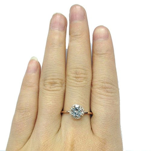 Round Aquamarine Engagement RingPave Diamond Wedding 14K Rose Gold,7mm - Lord of Gem Rings - 4