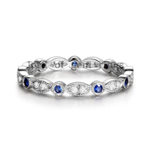 Pave Sapphire Diamond Wedding Band Eternity Anniversary Ring 14K White Gold Art Deco Milgrain - Lord of Gem Rings - 4