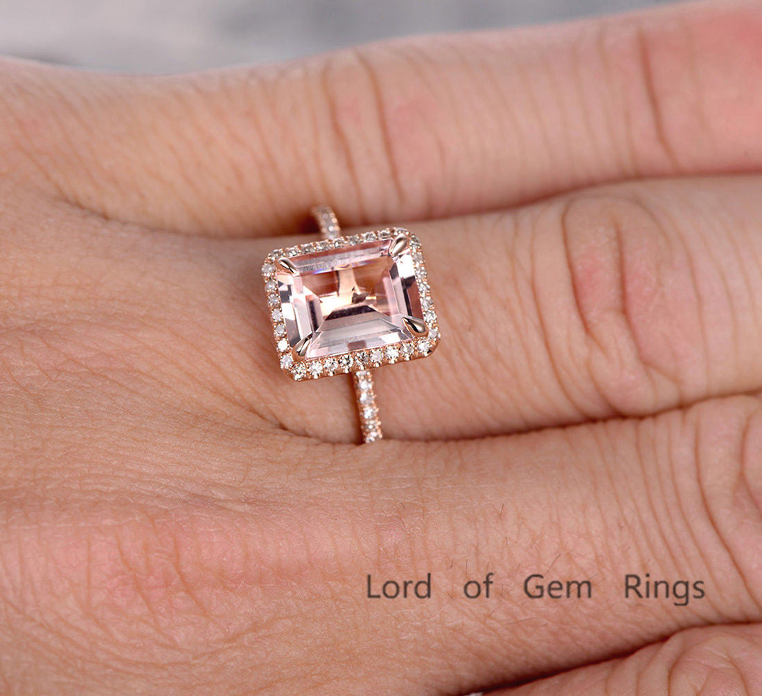 Emerald Cut Morganite Engagement Ring Pave Diamond Wedding 14K Rose Gold 8x10mm - Lord of Gem Rings - 5