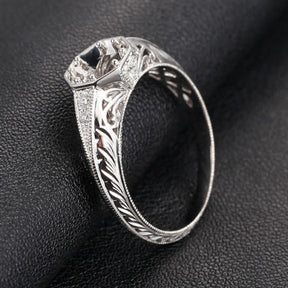 Diamond Engagement Semi Mount ring 14K White Gold Setting Round 6.5mm Filigree Hand Engraved - Lord of Gem Rings - 5
