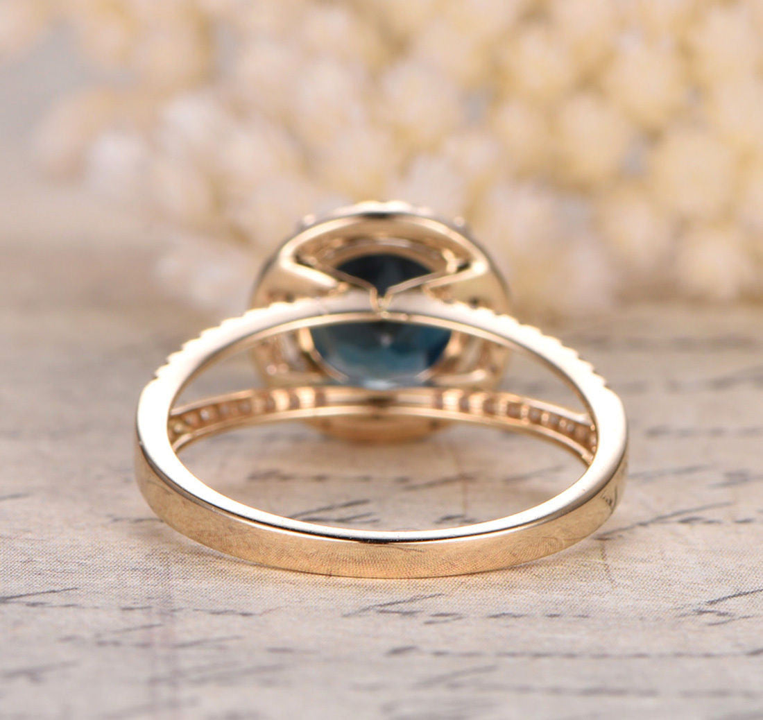 Round London Blue Topaz Engagement Pave Diamond Wedding Ring 14K Yellow Gold 8mm - Lord of Gem Rings - 5