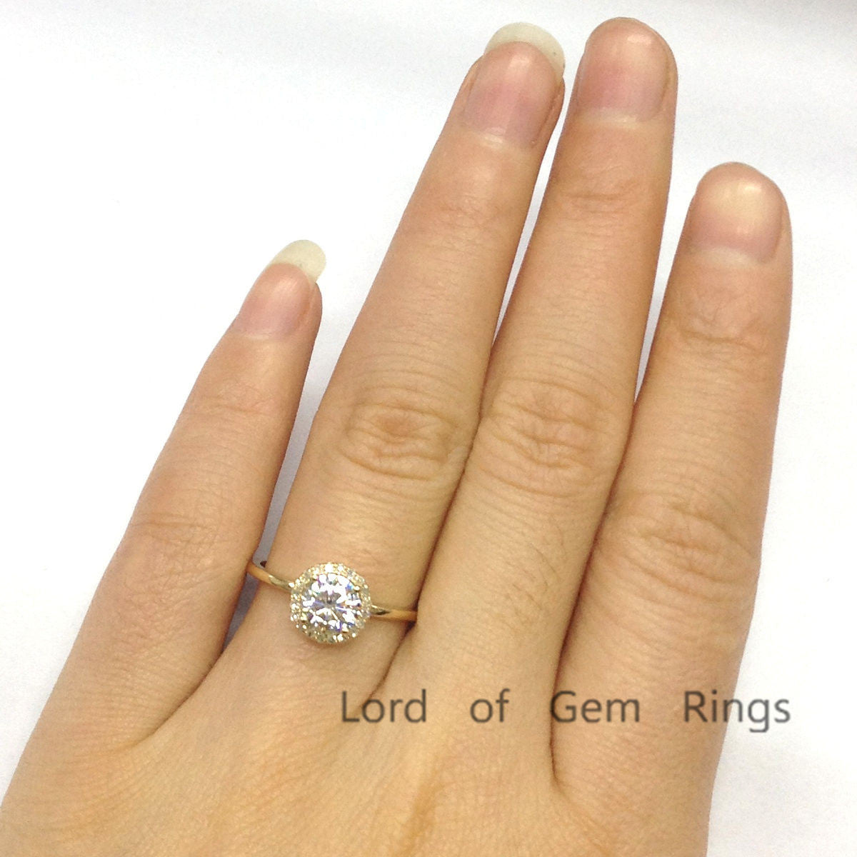 Round Moissanite Engagement Ring Pave Diamond Halo 14K Rose Gold 6.5mm - Lord of Gem Rings - 4