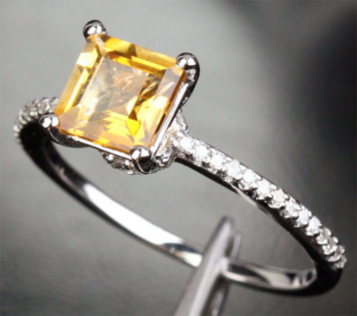 Princess Citrine Engagement Ring Pave Diamond Wedding 14k White Gold 6mm - Lord of Gem Rings - 4
