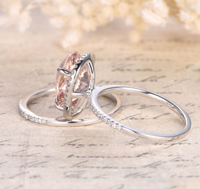 Pear Morganite Engagement Ring Sets Pave Diamond Wedding 14K White Gold 10x12mm - Lord of Gem Rings - 4