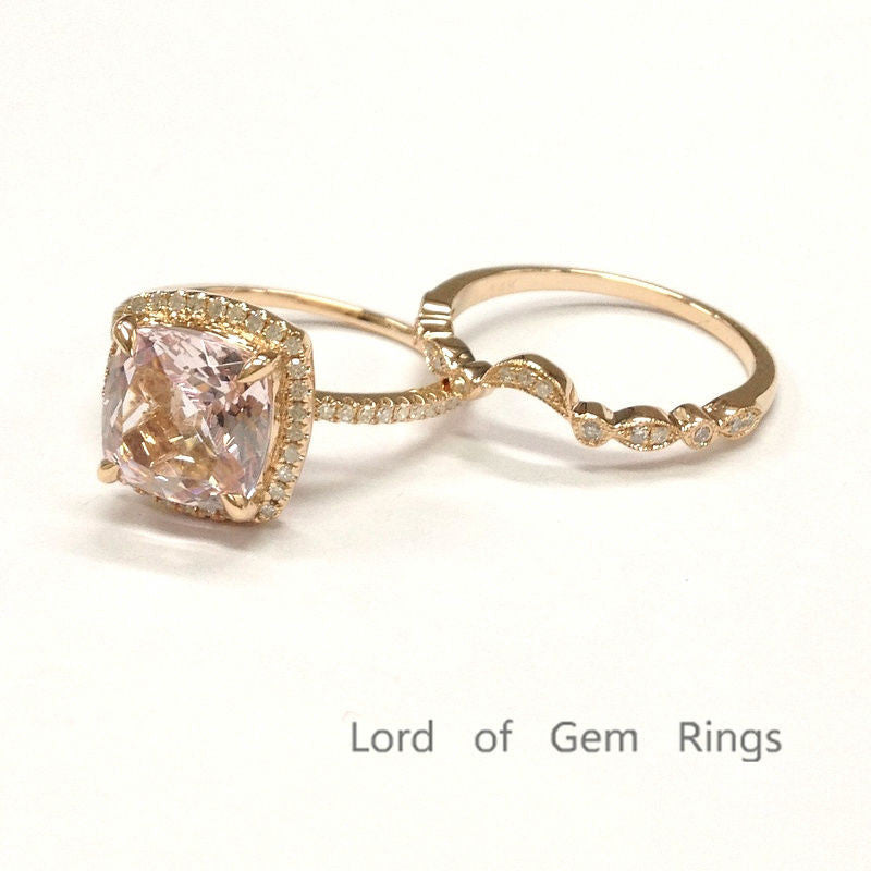 Reserved for Frank, Retangular Cushion Pink Morganite Engagement Ring Bridal Sets Pave Diamond 14K Rose Gold - Lord of Gem Rings - 7