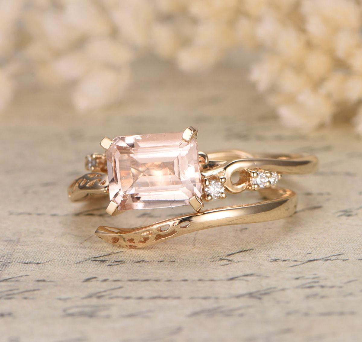 Emerald Cut Morganite Engagement Ring 14K Yellow Gold 7x9mm E-W Direction, Vintage Style - Lord of Gem Rings - 4