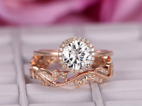 Round Moissanite Floral Diamond Wedding Band Bridal Set