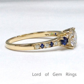 Round Moissanite Engagement Ring Pave Sapphire Moissanite Wedding 14K Yellow Gold 6.5mm - Lord of Gem Rings - 4