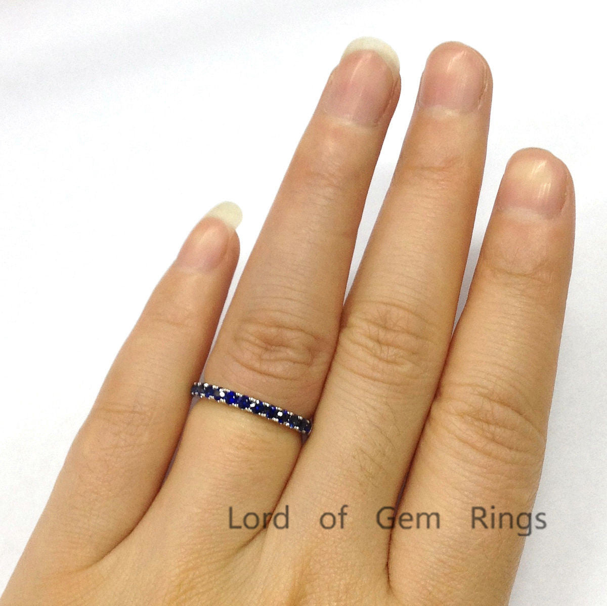 Sapphire Wedding Band Half Eternity Anniversary Ring 14K White Gold 2mm Stackable - Lord of Gem Rings - 4