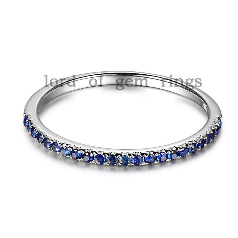 Pave Brilliant Blue Sapphire Wedding Band Half Eternity Anniversary Ring 14K White Gold - Lord of Gem Rings - 4